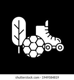 Sports and outdoors dark mode glyph icon. Hobbies and games supplies. Fun activities and leisure. Online store category. White silhouette symbol on black space. Vector isolated illustration