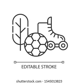 Sports and outdoors linear icon. Hobbies supplies. Sport activities. E commerce, online shopping categories. Thin line illustration. Contour symbol. Vector isolated outline drawing. Editable stroke