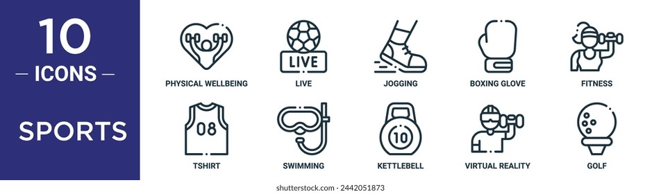 sports outline icon set includes thin line physical wellbeing, live, jogging, boxing glove, fitness, tshirt, swimming icons for report, presentation, diagram, web design