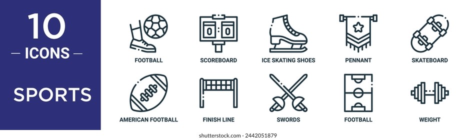 sports outline icon set includes thin line football, scoreboard, ice skating shoes, pennant, skateboard, american football, finish line icons for report, presentation, diagram, web design