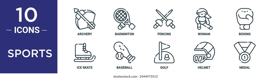 sports outline icon set includes thin line archery, badminton, fencing, woman, boxing, ice skate, baseball icons for report, presentation, diagram, web design