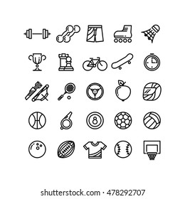 Sports outline symbols sports equipment thin line icons. Archery and badminton, football and basketball, vector illustration