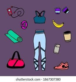 La parafernalia deportiva. Conjunto de diseños de fitness, gimnasia, conceptos de estilo de vida de actividad. Estilo de dibujo de Doodle.
