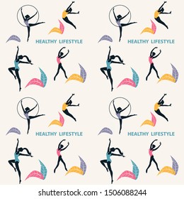 Sports patern - dancing girls silhouettes, jump, ring, pose - vector. Healthy lifestyle. Fitness. Yoga. Aerobics.