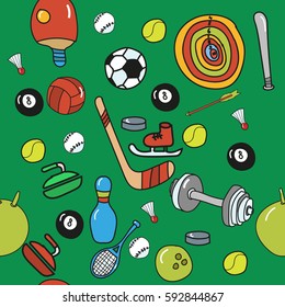 sports pattern. balls, rackets, shuttlecock, arrows, and more. Doodle style.