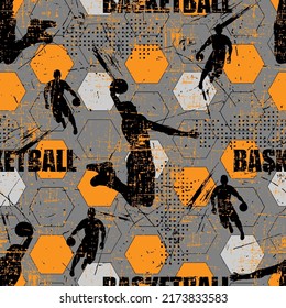 sports pattern. basketball players, geometric elements and grunge texture.