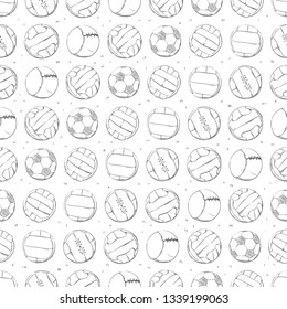 Sports pattern with the different soccer / football balls in the hand drawn style. Vector illustration
