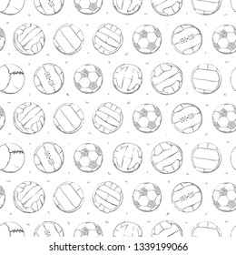 Sports pattern with the different soccer / football balls in the hand drawn style. Vector illustration