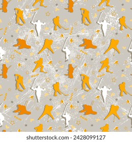 Sports pattern in light gray, yellow, gold, white colors. Hockey ice arena with children hockey players. Skates, sticks, pucks, stars. Vector illustration.