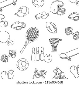 sports pattern on a white background: pins, dumbbells, racket, hat