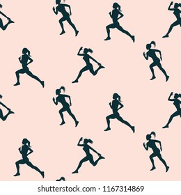 Sports pattern - silhouettes of sportswomen on a run - light background - vector