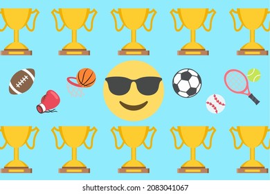 sports pattern with trophy,soccer ball,tennis racket,baseball,basketball,football,boxing glove and cool face emoji on light blue background,vector illustration