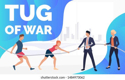 Sports people competing against managers illustration with liquid frame. Male and female cartoon characters pulling on opposite ends of rope in city. Vector illustration for banner, postcard, brochure