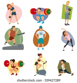 sports people in the flat style. People involved in sports with dumbbells, barbells and on simulators. vector. 