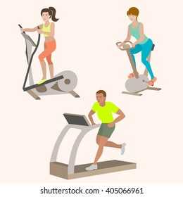 Sports people in the flat style. Training apparatus. Treadmill. Exercise bike. Elliptical trainer. Isolated background.