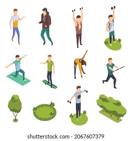 Sports people isometric. People in park, sport activity and leisure games, vector isometric isolated set. Exercise male athlete outdoor. Creative people and park element collection