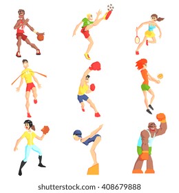 Sports People Set Of  Cool Cartoon Style Geometrical Flat Vector Illustrations Isolated On White Background