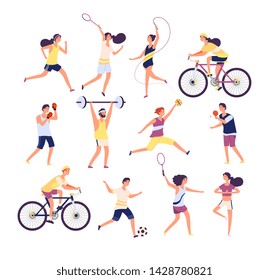 Sports people set. Exercising persons gymnast, runner and tennis player, boxer and footballer. Isolated cartoon vector characters set. Man sportive, woman runner, game football volleyball illustration