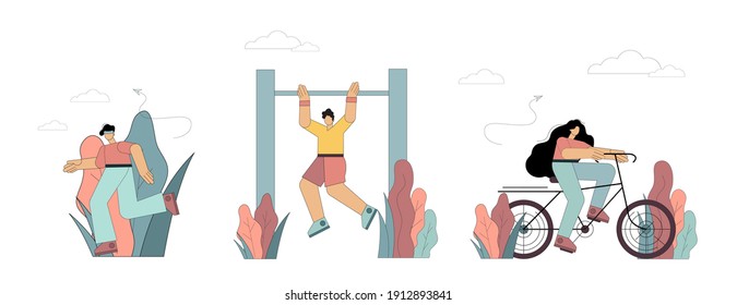 Sports people set. Running, biking, and bar chin-ups. Outdoor activities, healthy lifestyle. Vector illustration