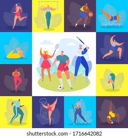 Sports people, training set vector illustration. Healthy hobby, profession and happy lifestyle. Athlete man woman character in different sport type, activity work, gym and outdoor.