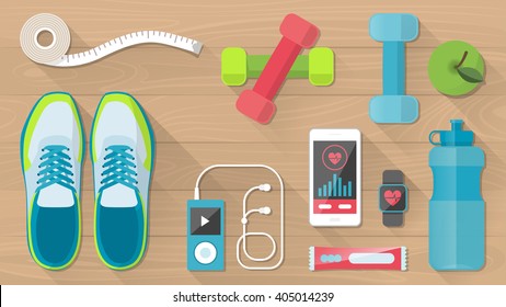 Sports and physical activity equipment, healthy food and wellness banner, objects set on a wooden floor, top view