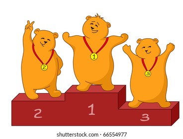 Sports picture: teddy bears sportsmans stand on a podium