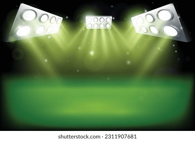 A sports pitch or field in a stadium at night with spot lights or search beams