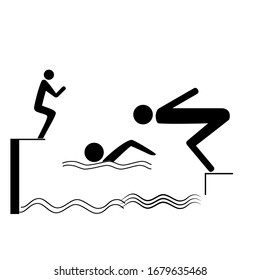 Sports. Place for jumping in water. Safety dive. Sign safeness on pool, beach, in river, sea. Warning of protection during jump in. Monochrome template for poster. Design element. Vector illustration.