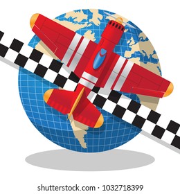 Sports plane on the globe. Vector illustration. Isolated on white background.