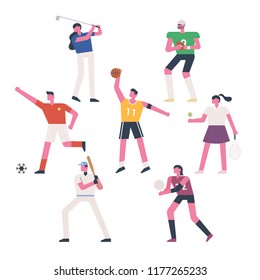 Sports player characters set in various fields. flat design style vector graphic illustration