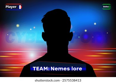 sports player silhouette with gradient background, team name, and online status. Digital design for gaming and branding