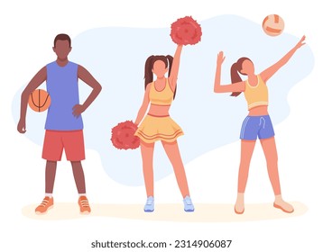 Sports players and fans. Support your favorite team. Team sports, cheerleading, single athletes. Active and healthy lifestyle. Male and female characters play popular sports