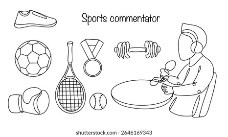 Podcast esportivo cercado por símbolos esportivos. O homem cria e apresenta podcasts dedicados a temas esportivos, analisa eventos, discute notícias e eventos atuais no mundo dos esportes.