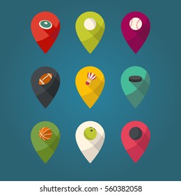 Sports pointer in flat design. Sports balls. Vector marks.