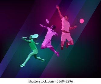 Sports poster with badminton players colorful on dark background. Trendy polygons, vector illustration