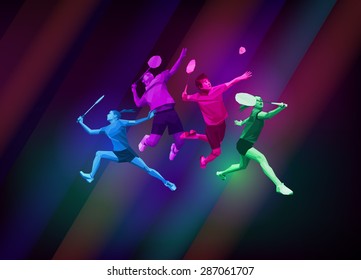 Sports poster with badminton players team, colorful on dark background. Trendy polygons, vector illustration