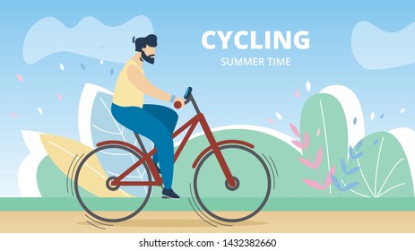 Sports Poster Cycling Summer Time, Lettering. Poster Mountain Biking is an Extreme Sport. Flyer Summer Sport for Active Urban People. Banner Man Travels by Bike. Vector Illustration.
