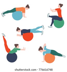 Sports poster - five position exercises with a ball - isolated on white background - art vector. Fitness. Yoga.