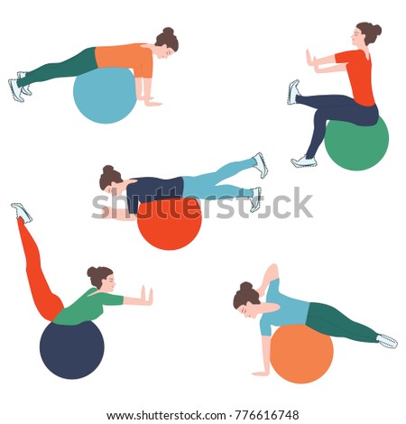 Sports poster - five position exercises with a ball - isolated on white background - art vector. Fitness. Yoga.