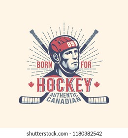 Sports print mascot with hockey player and sticks in vintage style. 