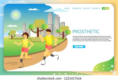 Sports prosthetic landing page website template. Vector illustration of handicap runners man and woman running on artificial sports feet blades. Athletes with prostheses.