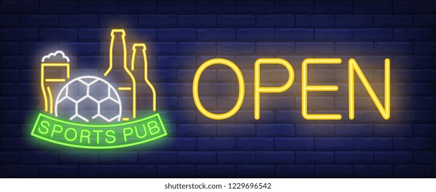 Sports pub, open neon text with football and beer. Football advertisement design. Night bright neon sign, colorful billboard, light banner. Vector illustration in neon style.