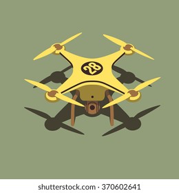 sports quadcopter drone, yellow color, isolated on green background, doodle flat style vector graphic illustration.
