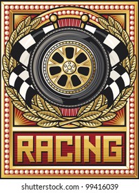 sports race design (wheel, checkered flags and laurel wreath emblem)