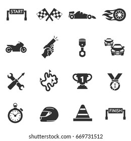 Sports racing. Competition on cars and motorcycles. Monochrome icons.