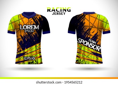 Sports racing jersey design. Front back t-shirt design. Templates for team uniforms. Sports design for football, racing, gaming jersey. Vector.