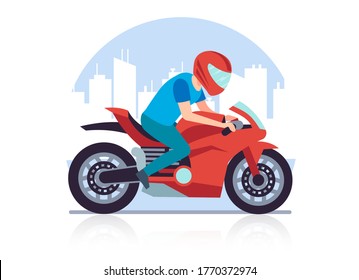 Sports racing motorcycle. Racer against backdrop of cityscape rushes at high speed on red big heavy motorbike cartoon flat style illustration on white background