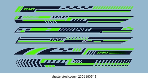 Sports racing stripes. Sports car, moto, boat stickers, striped vehicle tuning bars flat vector illustration set. Tuning racing sport decals