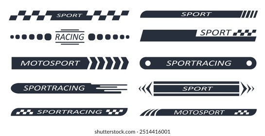 Rayas de carreras deportivas. Coche deportivo, moto, pegatinas de barco, barras de afinación de vehículos a rayas conjunto de Ilustración vectorial plana. Tuning calcomanías de deporte de carreras sobre fondo blanco