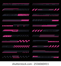 Sports racing stripes. Modern race modification mark, elegant futuristic techno decals for bike car and motorcycle. Vector set. Motor vehicle stickers for tuning isolated collection.